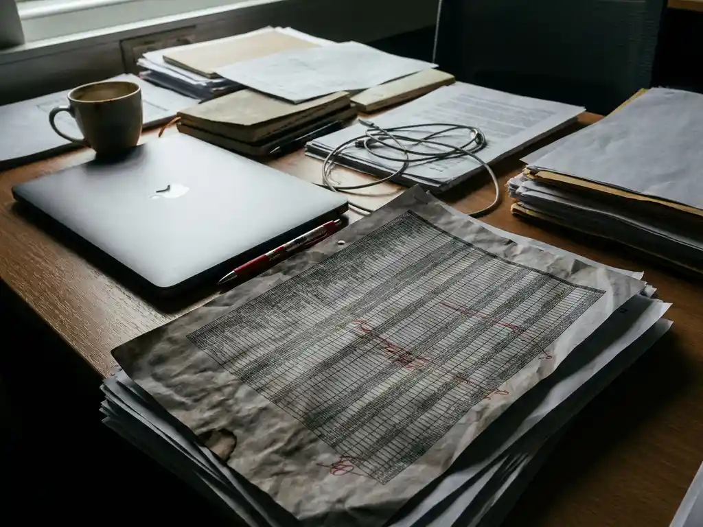 Verfrommeld, koffievlekkerig Excel-spreadsheet vol kandidaatgegevens op een rommelig bureau, met een rode pen die fouten markeert.