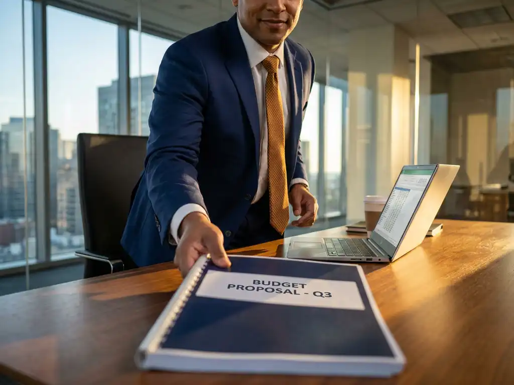 Professional schuift budgetvoorstel over vergadertafel in modern kantoor met stadsgezicht op achtergrond.