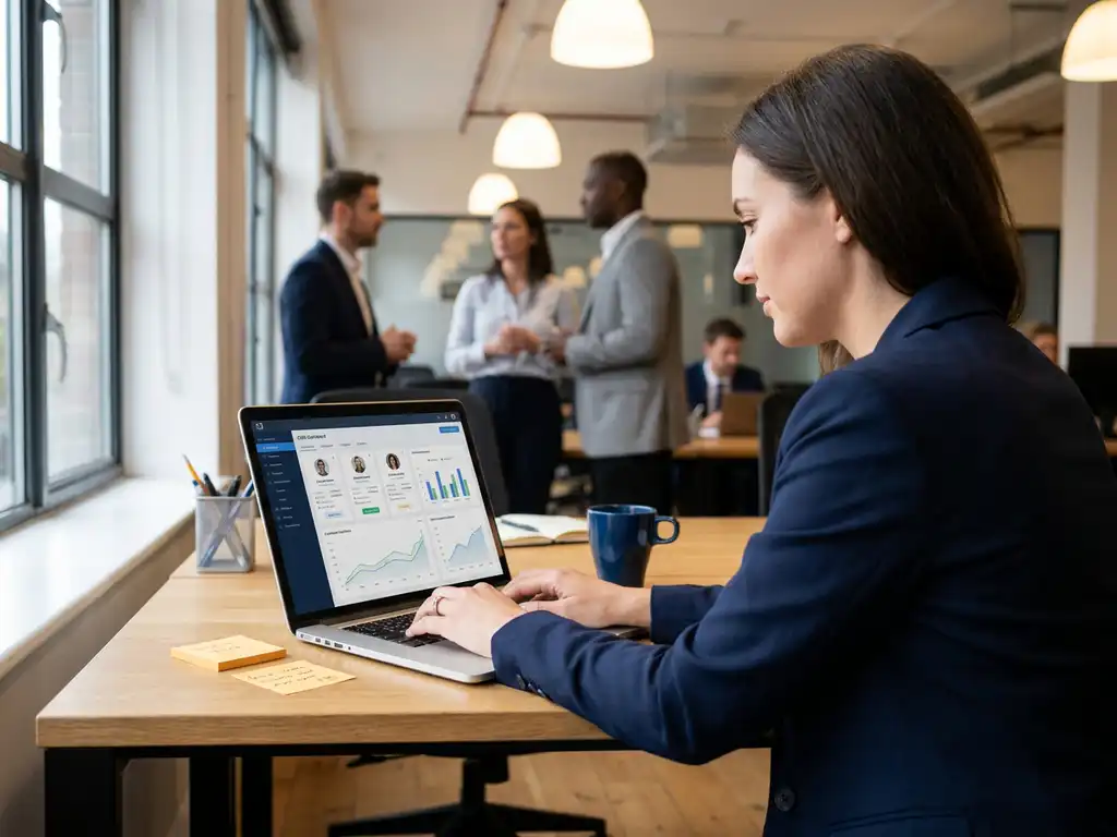 Recruitmentconsultant werkt aan CRM-dashboard op laptop, met sticky notes en koffiekopje op modern open-kantoorbureau.