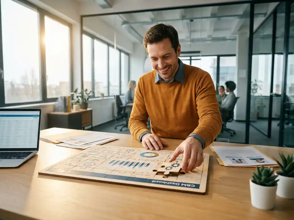 Recruiter plaatst het laatste puzzelstukje in een CRM-dashboard op een modern bureau, omringd door kandidaatmappen en laptop.