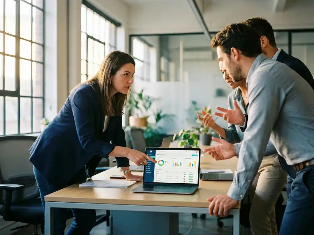 Recruiter wijst naar een CRM-dashboard op laptop, omringd door collega's in modern kantoor met natuurlijk goudkleurig licht.
