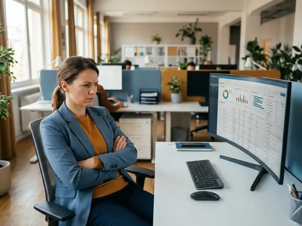 Gefrustreerde recruiter met gekruiste armen voor een complexe ATS-dashboard op monitor in modern open kantoor.