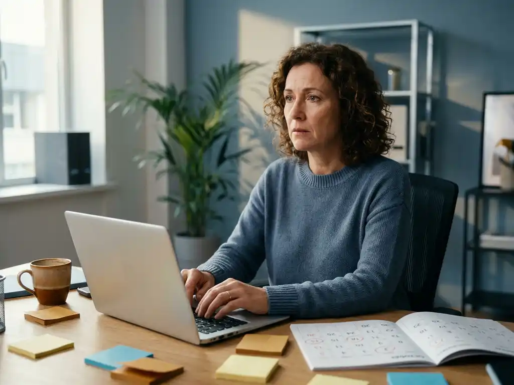 Recruitmentprofessional aan modern bureau met laptop, plaknotities en koffiekop, peinzende blik, zacht zijdelings daglicht.