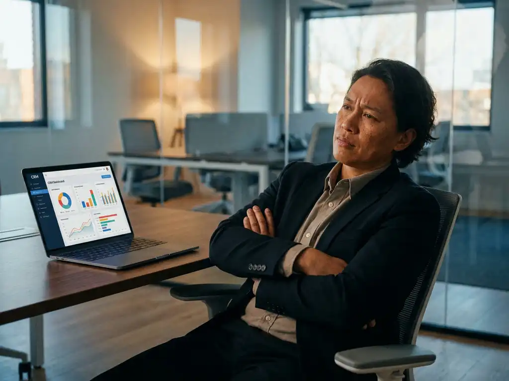 Recruiter met gekruiste armen achterover leunend aan modern bureau, laptop met CRM-dashboard zichtbaar, kantooromgeving met natuurlijk licht.