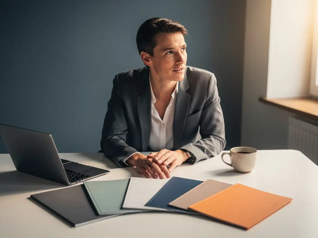 Recruitmentconsultant aan modern bureau met zes gekleurde clientmappen uitgewaaierd, laptop en koffiekopje in warm kantoorlicht.
