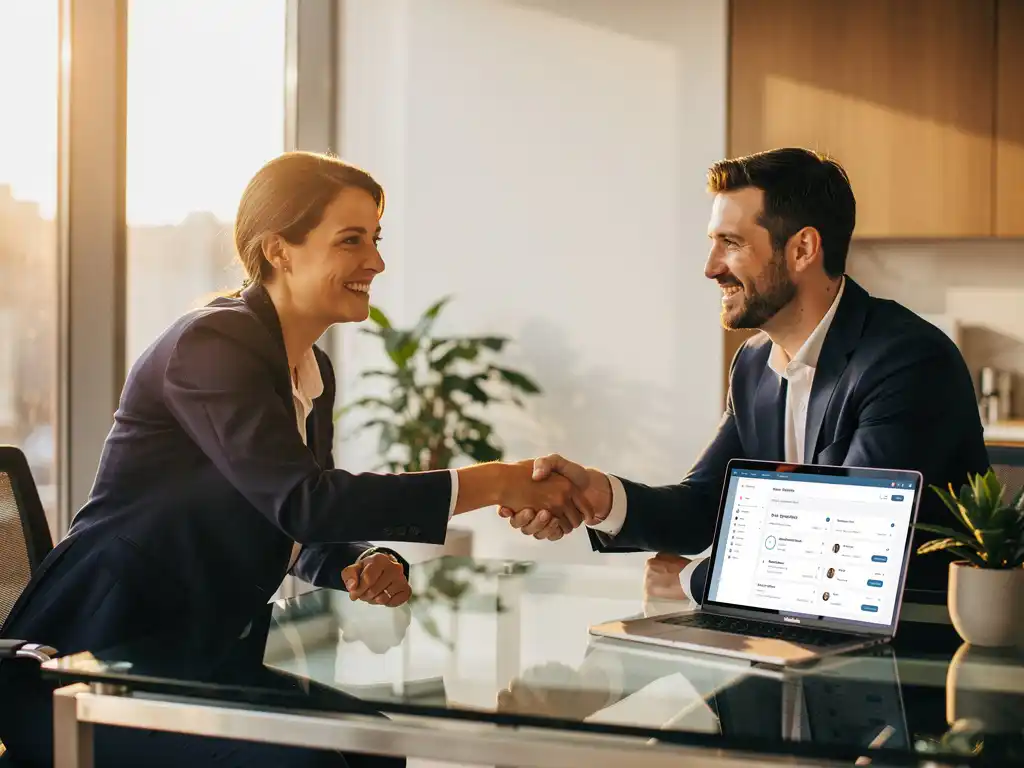 Recruitmentconsultant schudt hand met klant aan glazen bureau in modern Amsterdams kantoor met CRM-dashboard op laptop.