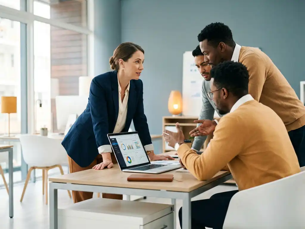 Recruitmentmanager leunt voorover bij modern bureau met CRM-dashboard op laptop, omringd door betrokken collega's in licht kantoor.