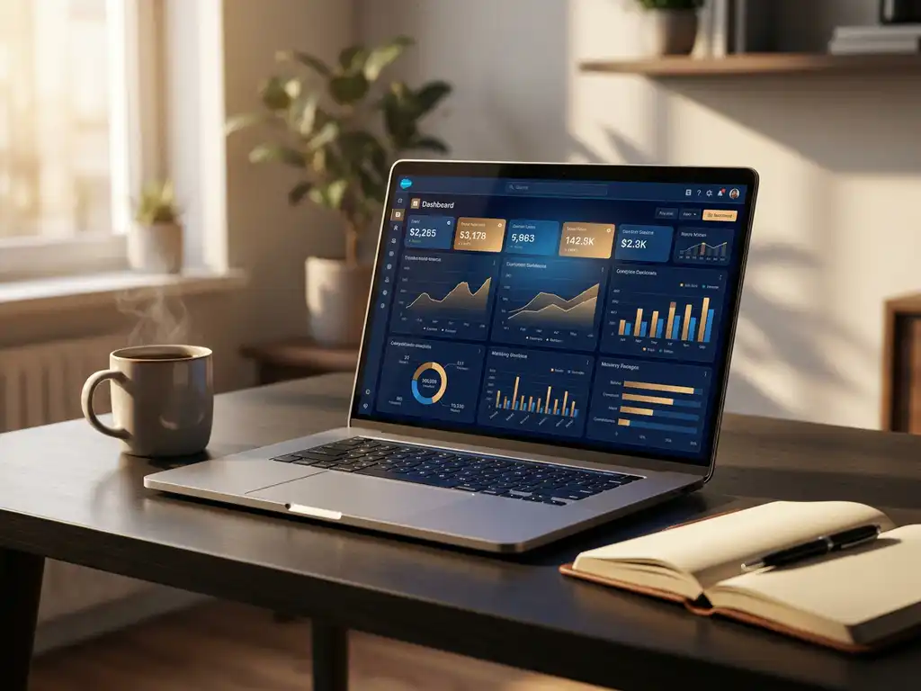 Salesforce-dashboard op laptopscherm op modern bureau met koffie en notitieboek in warm ochtendlicht.
