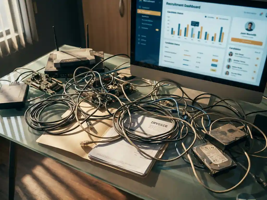 Verouderde serverkabels en hardware op glazen bureau met openliggende factuurmap, recruitingsoftware dashboard op monitor op achtergrond.