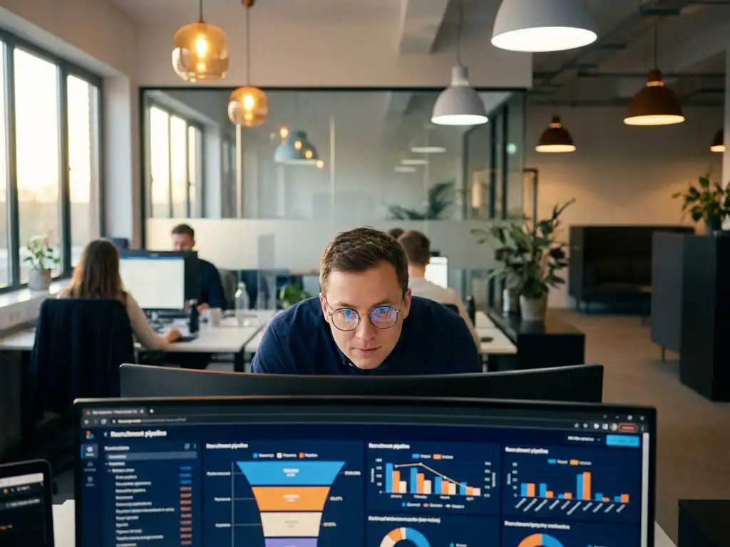 Data-analist bestudeert recruitmentdashboards op groot gebogen monitor, kleurrijke grafieken weerspiegeld in bril, modern kantoor met gouden-uurlicht.