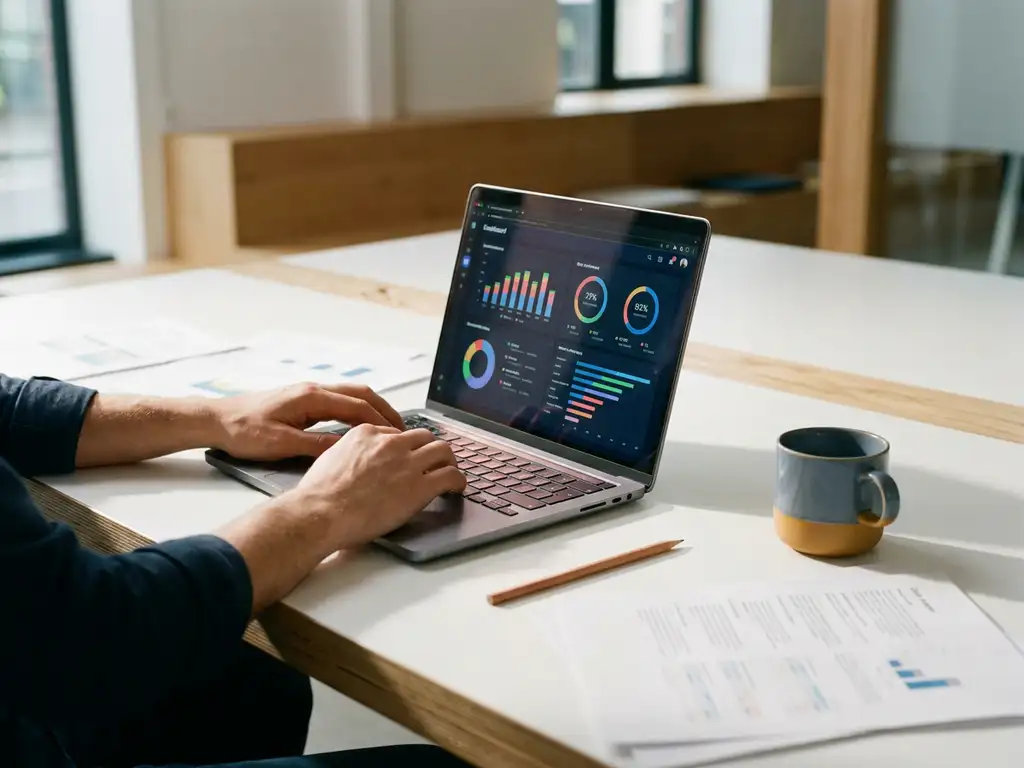 Datanalist bekijkt kleurrijke dashboardgrafieken op laptop, omringd door uitgeprinte rapporten en potlood op wit bureau.