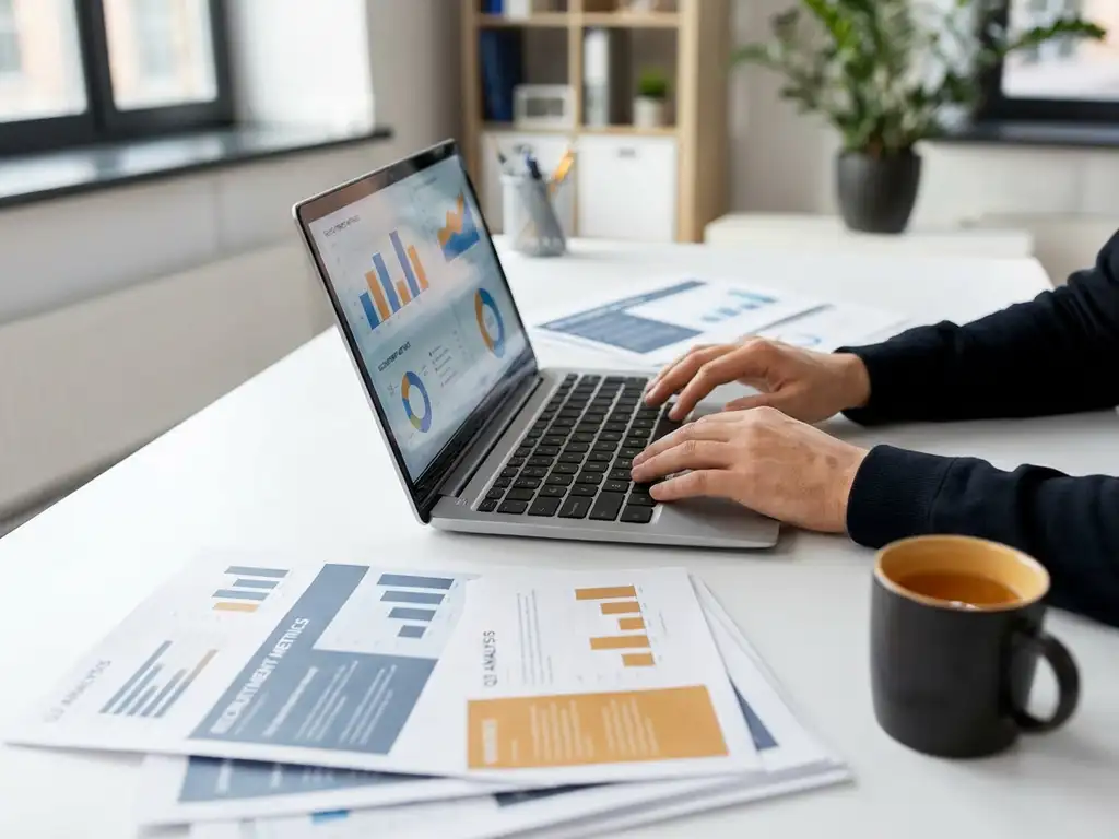 Analist beweegt handen boven laptop met kleurrijke dashboardgrafieken, omringd door recruitmentrapportages en koffiekop op wit bureau.