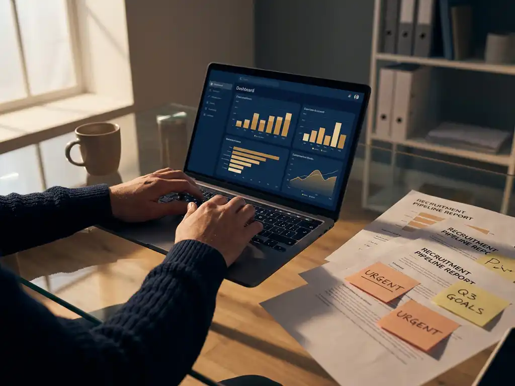 Analist met handen boven laptop met dashboardgrafieken, omringd door recruitmentrapportages en sticky notes op glazen bureau.