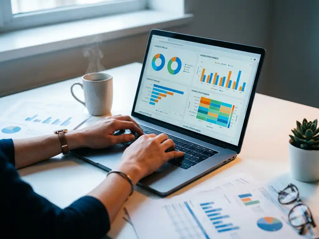 Dataanalist met handen boven laptop met kleurrijke recruitmentdashboards, omringd door kandidatenrapporten en koffie op wit bureau.