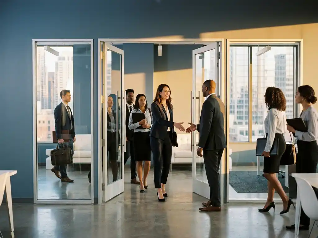 Recruiter in zakelijk pak verwelkomt diverse groep kandidaten bij ingang van modern kantoorgebouw met glazen gevel.
