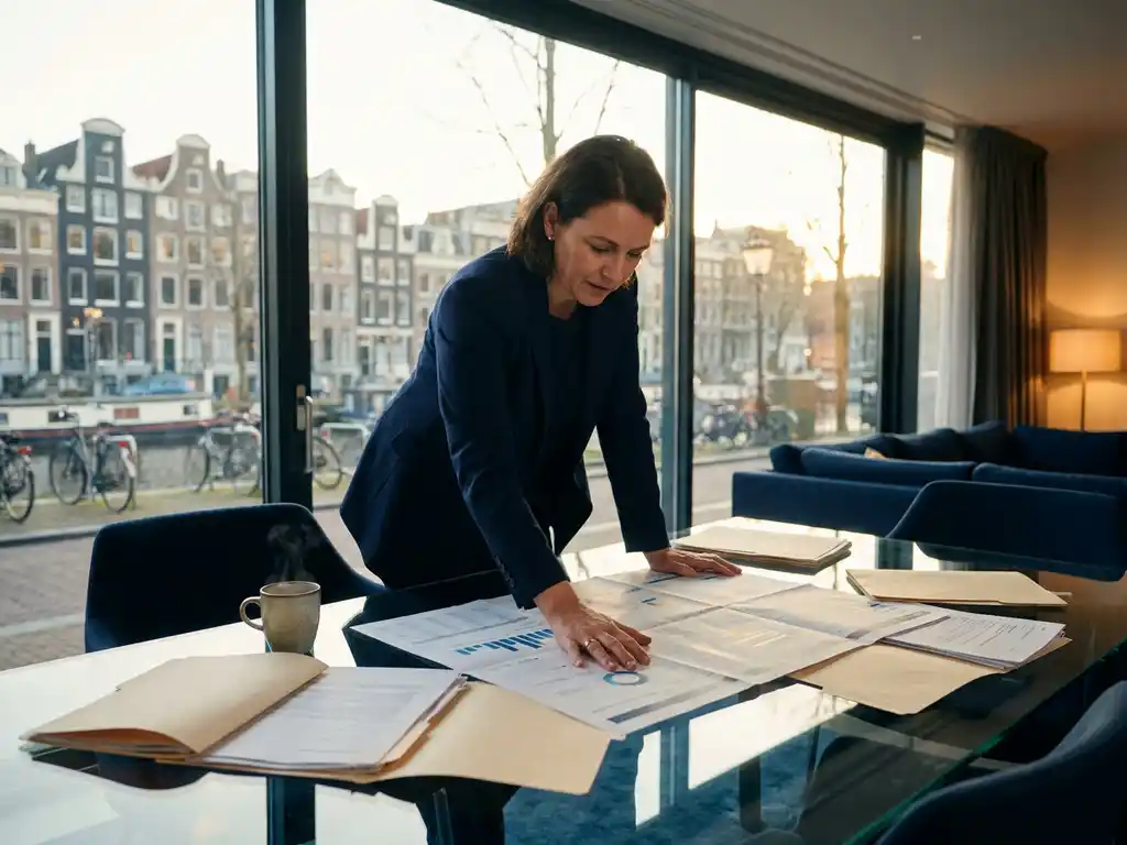 Recruitmentmanager bestudeert HR-dashboard op glazen bureau met kandidatenmappen en koffie, modern Amsterdams kantoor met grote ramen.