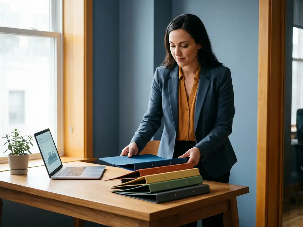 HR-professional rangschikt vijf gekleurde mappen op modern bureau, symboliserend de pijlers van een people strategy.