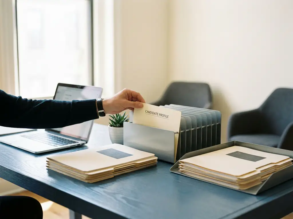 Recruiter plaatst kandidaatprofiel in georganiseerd dossiersysteem op modern bureau met laptop op achtergrond.