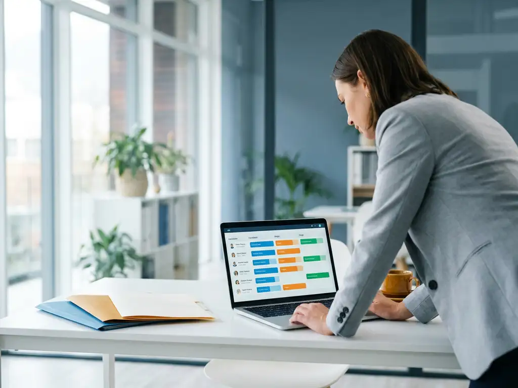 Recruitmentmanager bekijkt digitale kandidatenpipeline op laptop aan minimalistisch wit bureau met kleurgecodeerde mappen en koffiekop.