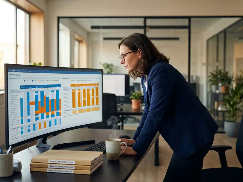 Recruitmentconsultant analyseert kleurgecodeerde workforce planning dashboards op groot scherm, omringd door kandidatenmappen en koffie.