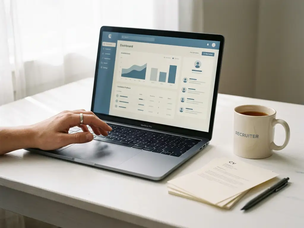 Recruiter beweegt hand boven laptop met ATS-dashboard, omringd door cv's, koffiemok en stylus op wit bureau.
