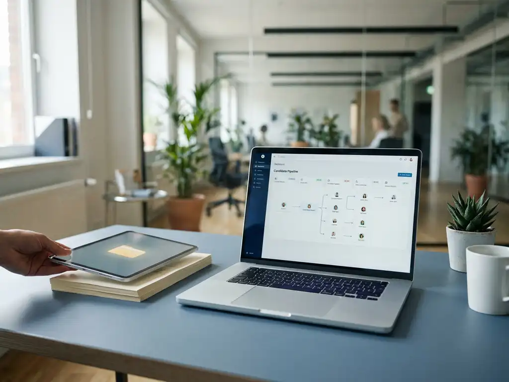 Recruiter bureau met laptop waarop een kandidatenpipeline dashboard te zien is, papieren cv's vervangen door digitale map.
