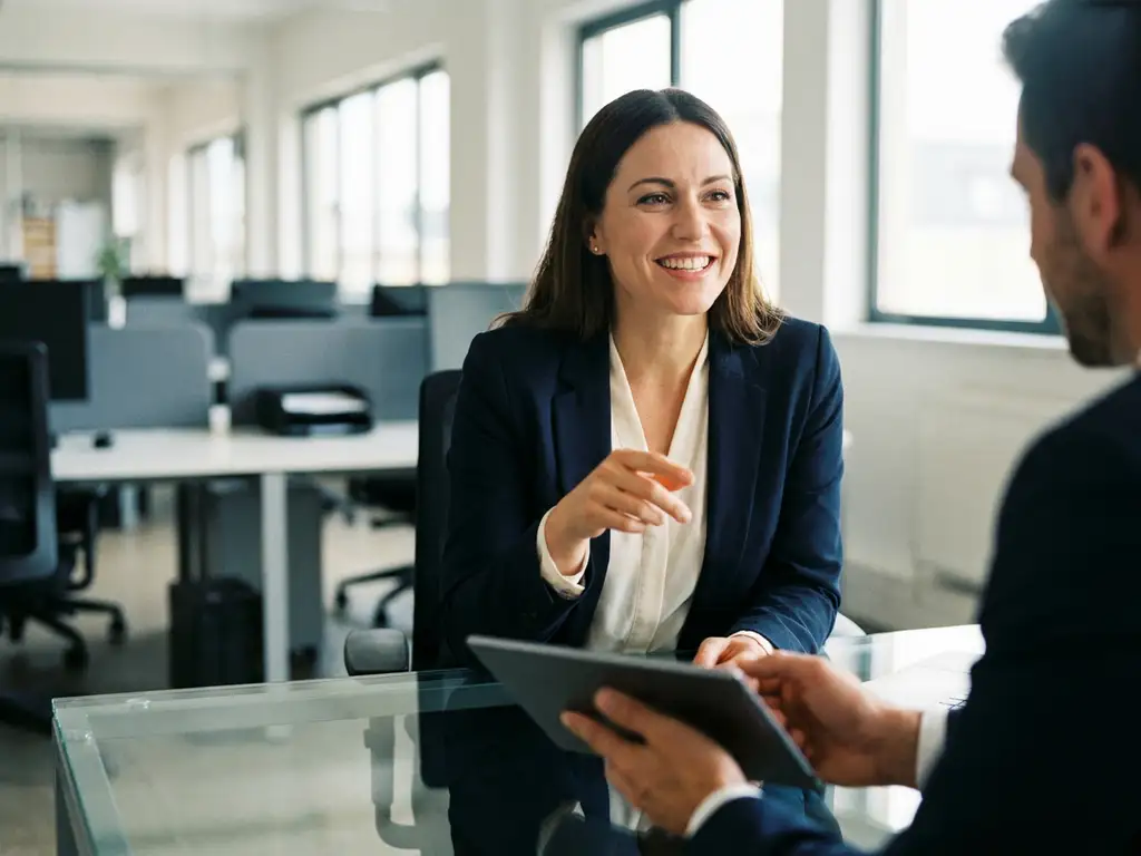 Recruiter leunt voorover aan glazen bureau tijdens een één-op-één gesprek in modern IT-kantoor met natuurlijk daglicht.