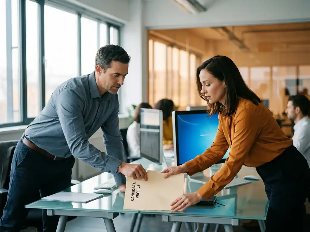 Recruiter en HR-manager reiken tegelijk naar hetzelfde kandidaatdossier op een glazen bureau in een modern IT-kantoor.