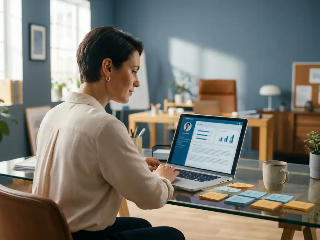 Recruiter bekijkt kandidaatprofiel op laptop aan glazen bureau met sticky notes en koffie in licht modern kantoor.