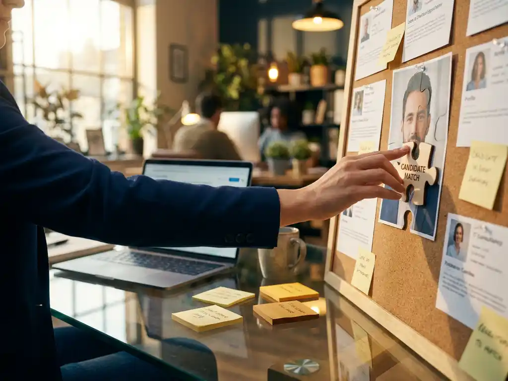Recruiter plaatst laatste puzzelstuk op kandidaatprofiel, omringd door sticky notes en laptop op glazen bureau in modern IT-kantoor.
