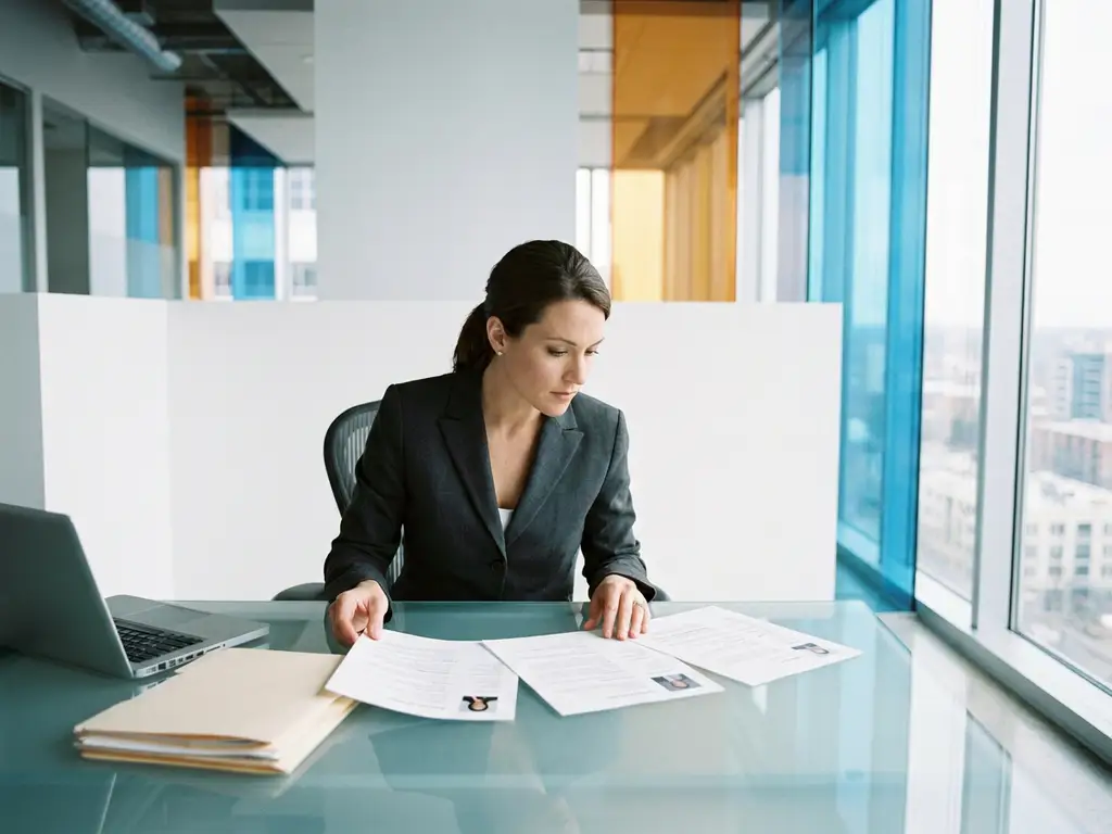 Recruiter aan glazen bureau vergelijkt drie kandidaatprofielen in moderne kantoorruimte met vloer-tot-plafond ramen.