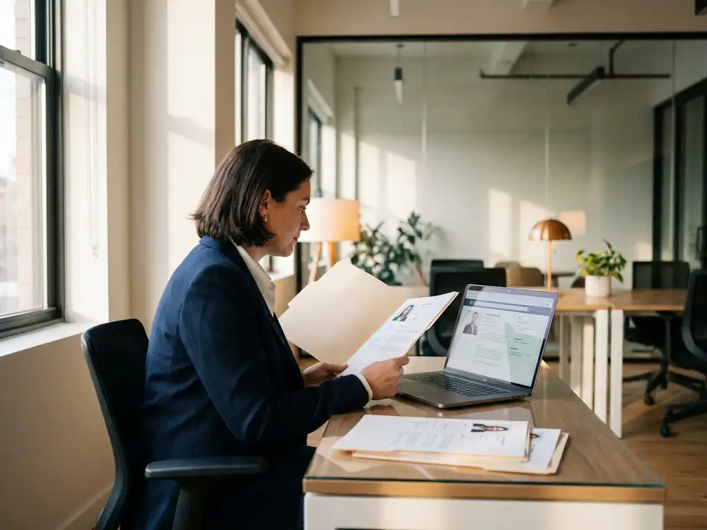 Recruiter bekijkt kandidaatprofielen op modern bureau met laptop, kantoor met glazen wanden op achtergrond.