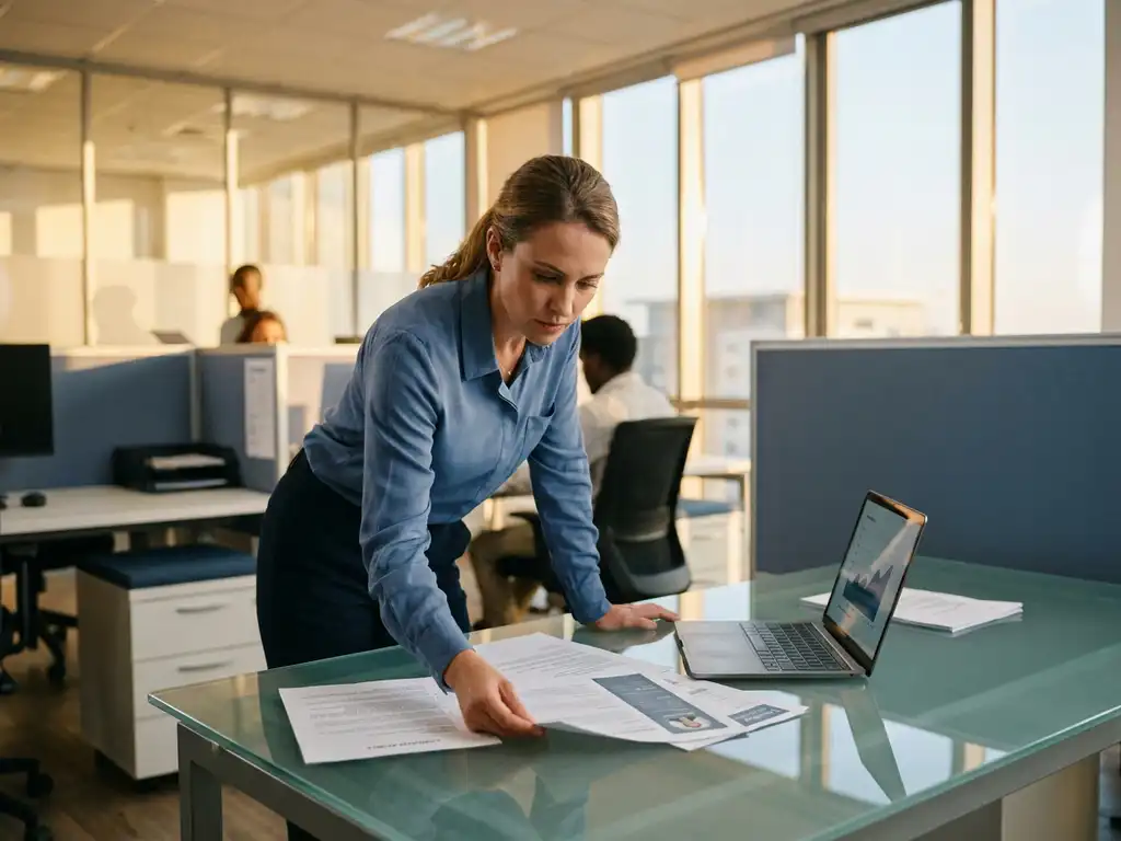 Recruiter buigt over glazen bureau met kandidatenprofielen, laptop open, in licht modern kantoor met gouden middaglicht.