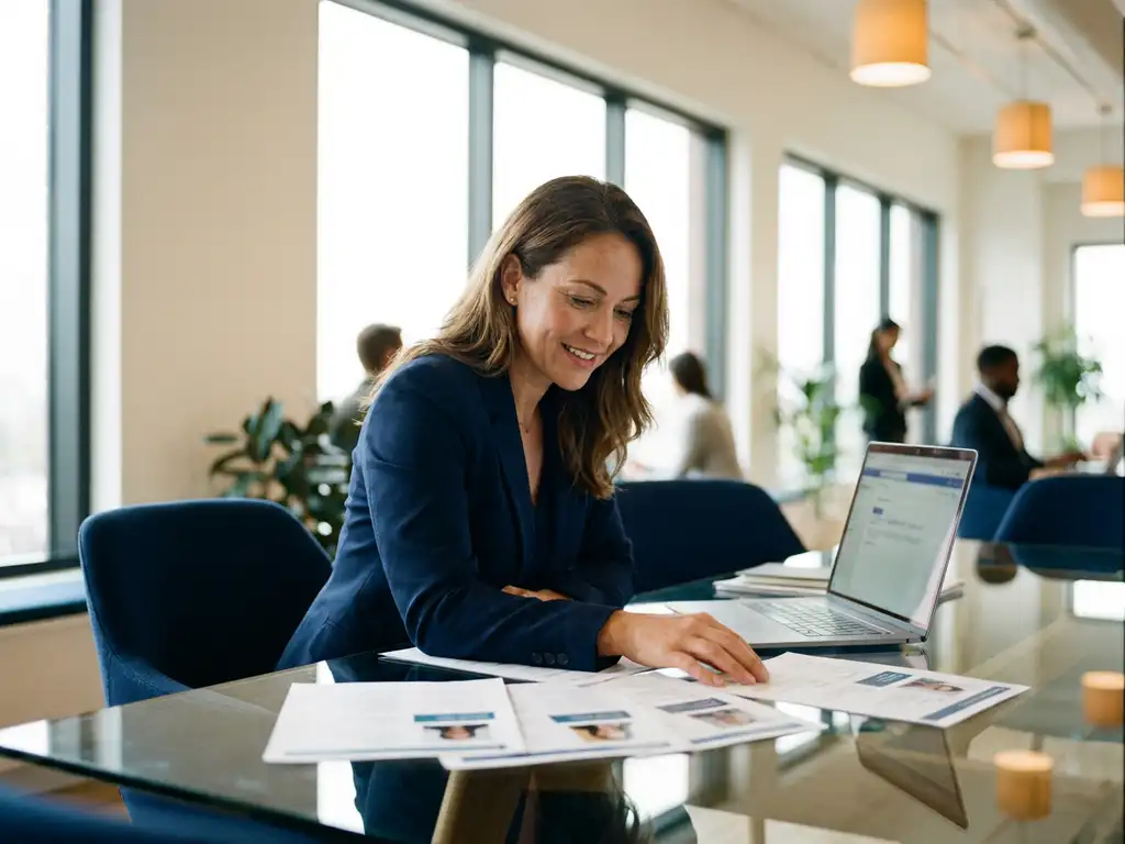 Recruiter bekijkt kandidatenprofielen op glazen bureau in modern IT-kantoor met natuurlijk licht en navy blauwtinten.