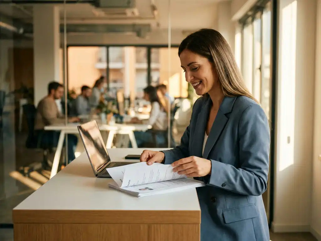 Recruiter bekijkt kandidatenprofielen aan modern bureau met laptop, glazen kantoorwand en drukke werkvloer op de achtergrond.