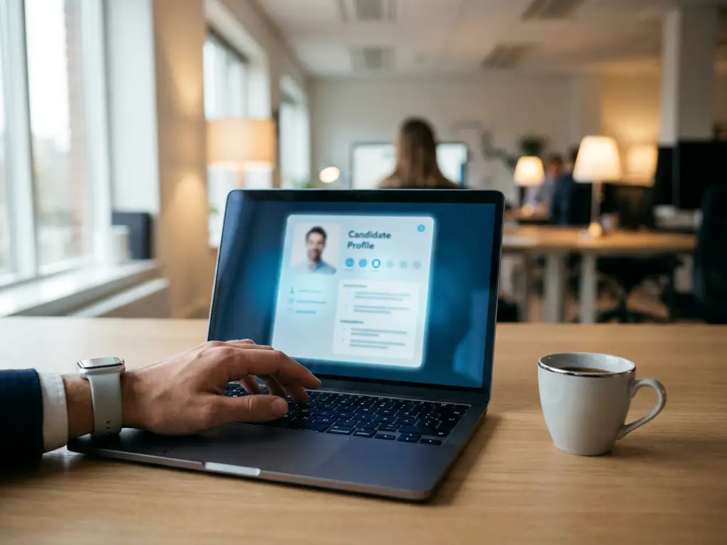 Recruiter typt op laptop met kandidaatprofiel op scherm in modern kantoor, koffiekopje op bureau, zacht natuurlijk licht.