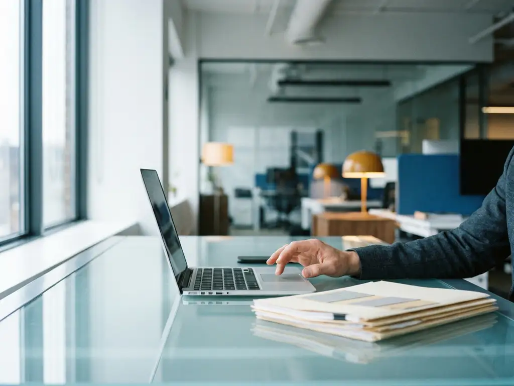 Recruiter die hand boven laptop houdt op glazen bureau met kandidaatprofielen, modern kantoor op de achtergrond.