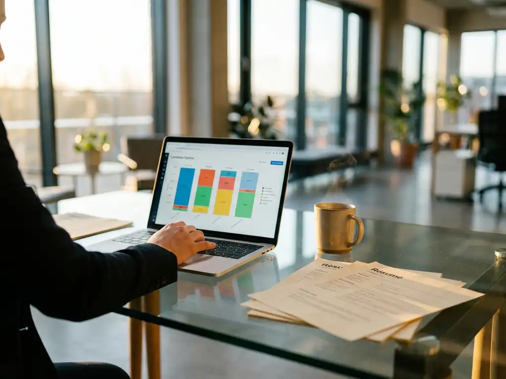 Recruiter beweegt hand boven laptop met kandidatenpipeline-grafieken, omringd door cv-stapels en koffie op een glazen bureau.