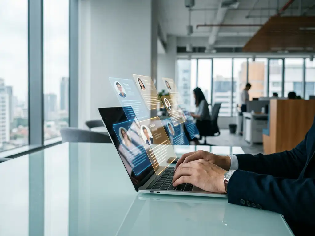 Recruiter typt op laptop aan glazen bureau, omringd door gloeiende kandidaatprofielen die een digitale talentpipeline vormen.