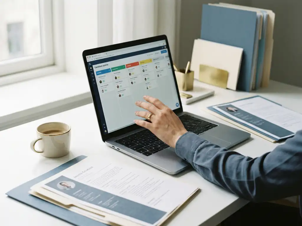 Recruiter die een kandidatenpipeline dashboard bekijkt op laptop, omringd door gesorteerde cv's en koffie op wit bureau.