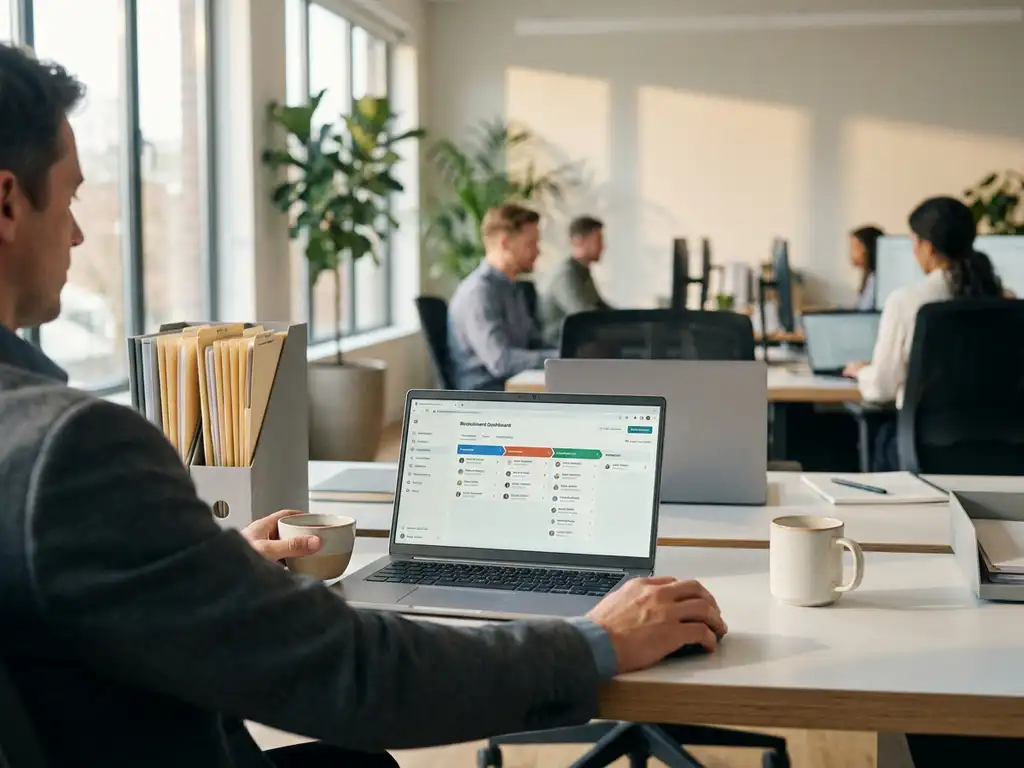Recruitmentmanager bekijkt digitale kandidatenpipeline op laptop aan opgeruimd bureau in modern IT-kantoor met natuurlijk zijlicht.