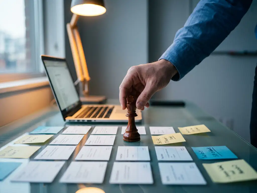 Recruiter plaatst schaakstuk op glazen bureau met kandidaatprofielen en notities, laptop op achtergrond, modern kantoor.