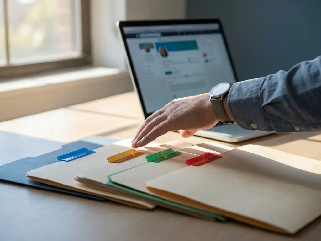Recruiter die boven vier kleurgecodeerde kandidatenmappen zweeft op een modern bureau, met laptop op de achtergrond.
