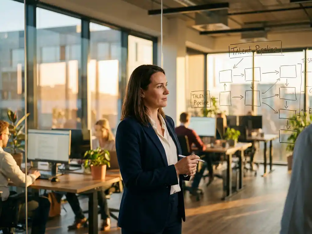 Recruiter bestudeert talentpipeline-diagram op glazen whiteboard in modern IT-kantoor met groot raam en warm middaglicht.