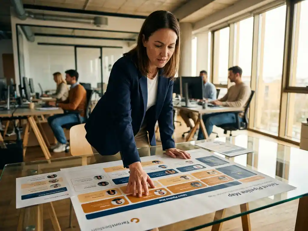 Recruitmentprofessional analyseert kleurgecodeerde talentpipelinekaart op glazen bureau in modern IT-consultancykantoor.