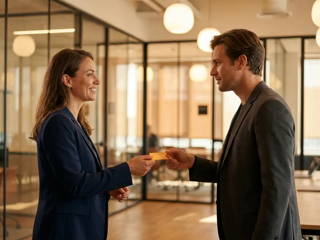 Twee professionals wisselen een visitekaartje uit in een modern kantoor met glazen wanden en warm amberkleurig licht.