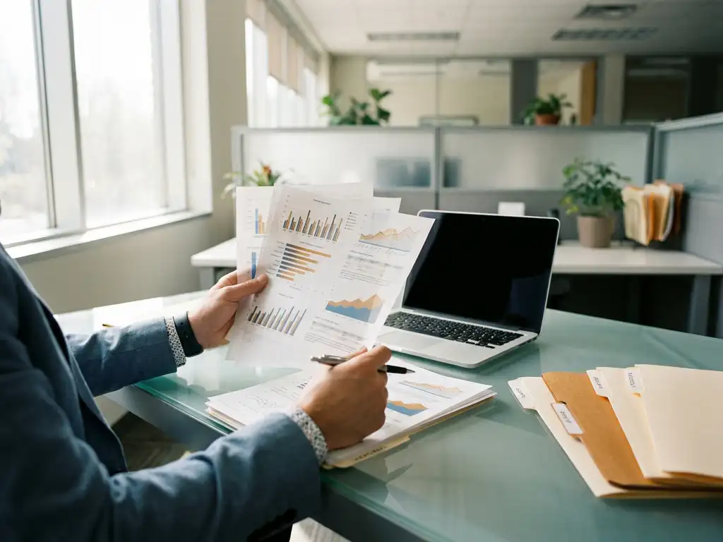 Recruitmentprofessional analyseert kandidaatvisualisaties op papier aan glazen bureau met laptop en mappen in modern IT-kantoor.