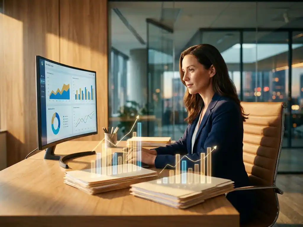 Recruitmentanalist bekijkt datavisualisaties op groot monitor, met groeigrafiek en kandidatendossiers op bureau in modern kantoor.