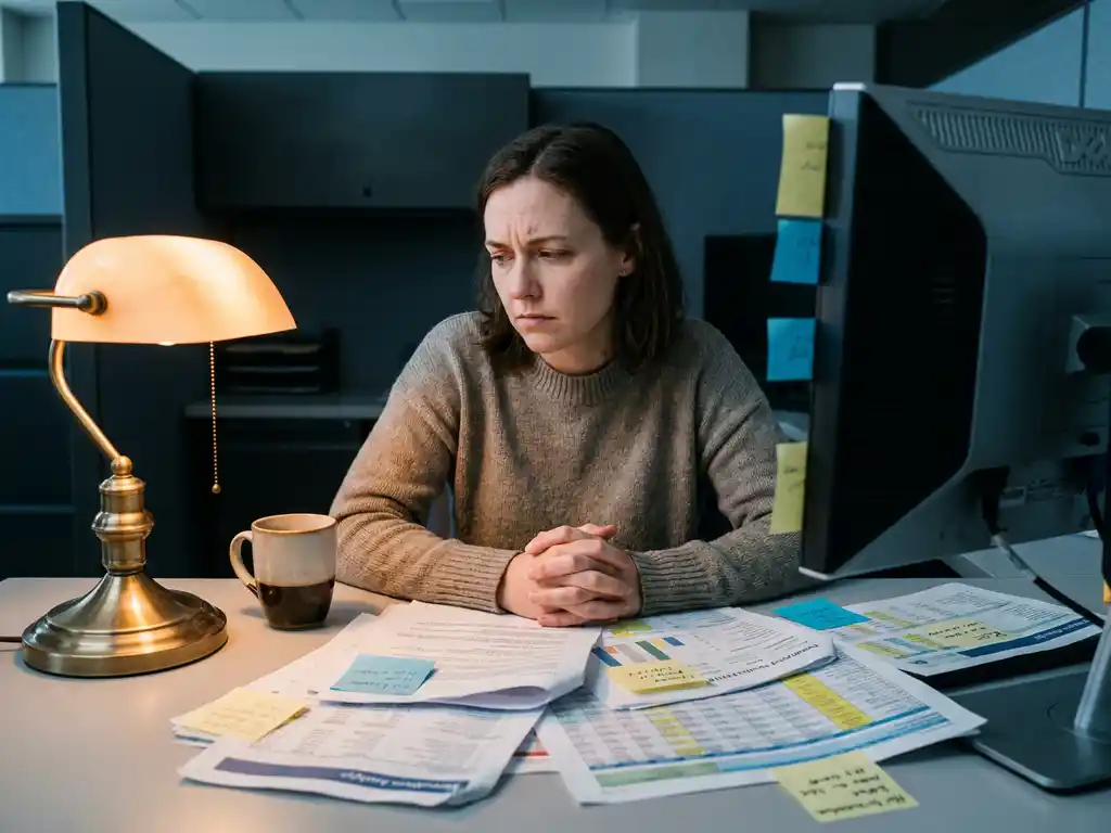 Recruitmentanalist aan rommelig bureau vol overlappende rapporten, sticky notes en spreadsheetprints, verlicht door warm bureaulampje.