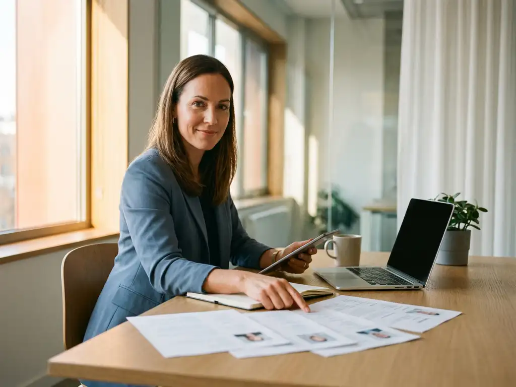 Recruiter bekijkt kandidatenprofielen op modern bureau met laptop, warm natuurlijk licht vanuit grote kantoorvensters.